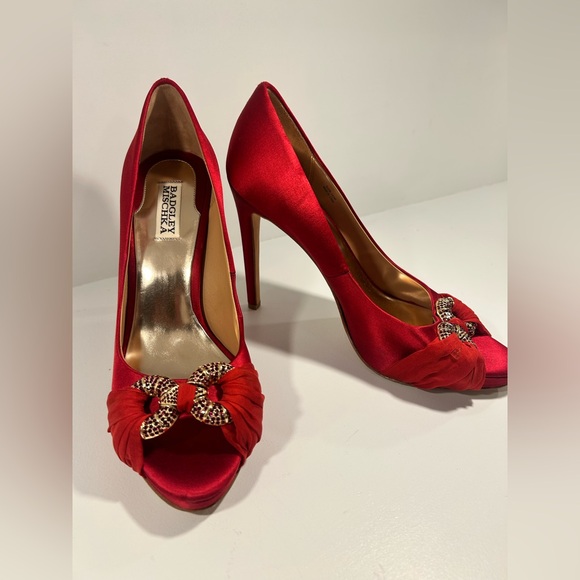 Badgley Mischka Shoes - Badgley Mischka Red Satin Crystal Bow Peep Toe Stiletto Heels Size 10